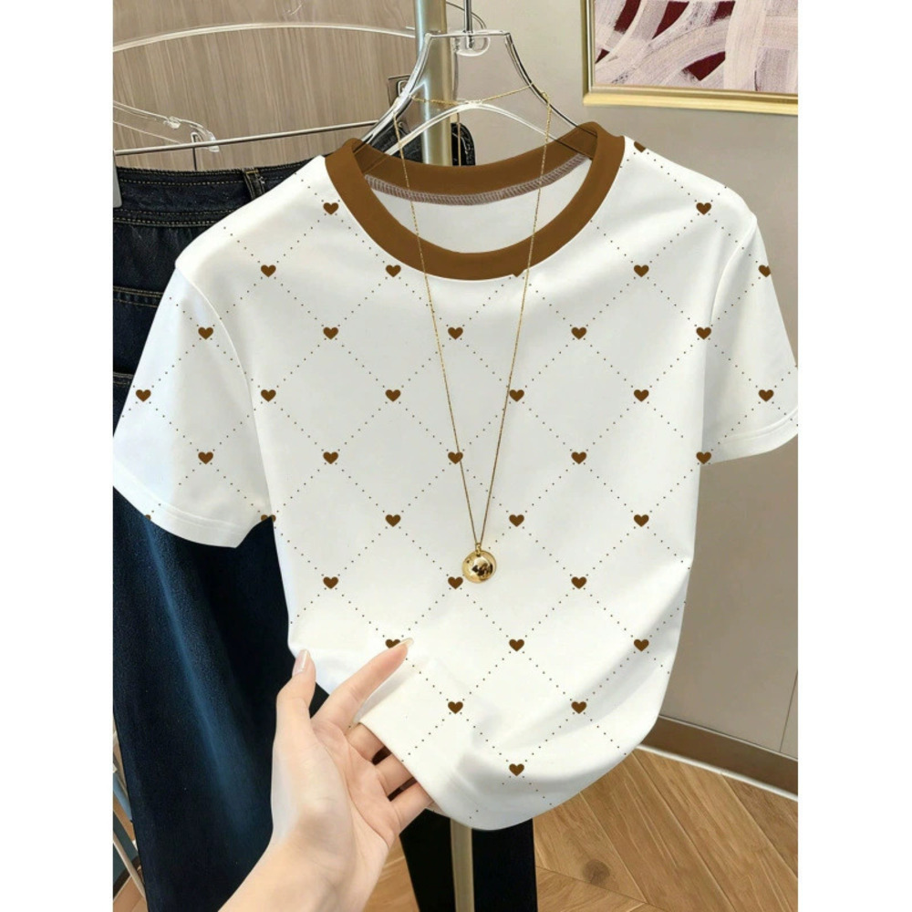 ZARA Summer Elegant White Round Neck Heart Polka Dot Short Sleeve Tee